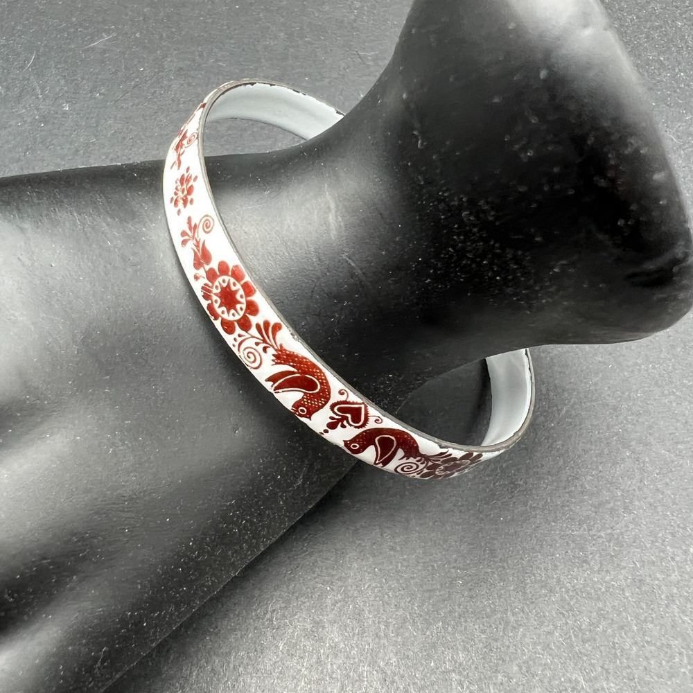 Vintage Enamel Bangle Bracelet‎ White Red Brown Folk Art Bird Floral Boho Retro